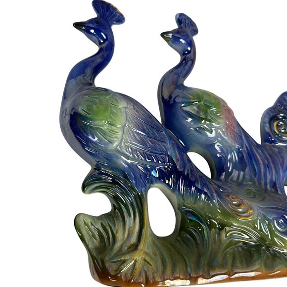 Vintage 50s Iridescent Lusterware Double Peacock Figurine Centerpiece Decor - Picture 5 of 5